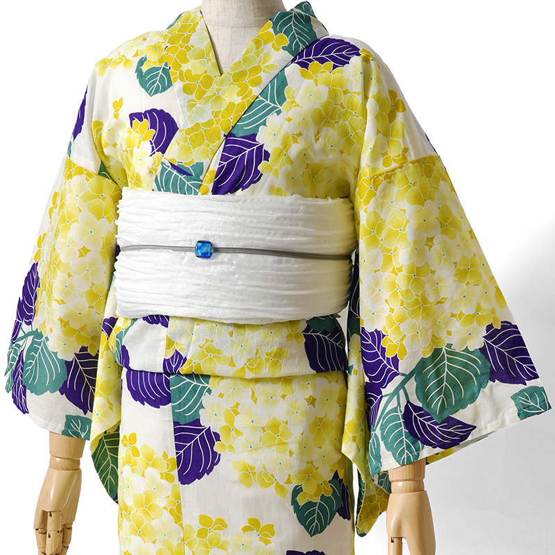浴衣 綿麻 紫陽花 黄色 クリーム 花柄 レディース かわいい モダン