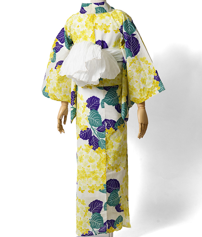 浴衣 綿麻 紫陽花 黄色 クリーム 花柄 レディース かわいい モダン