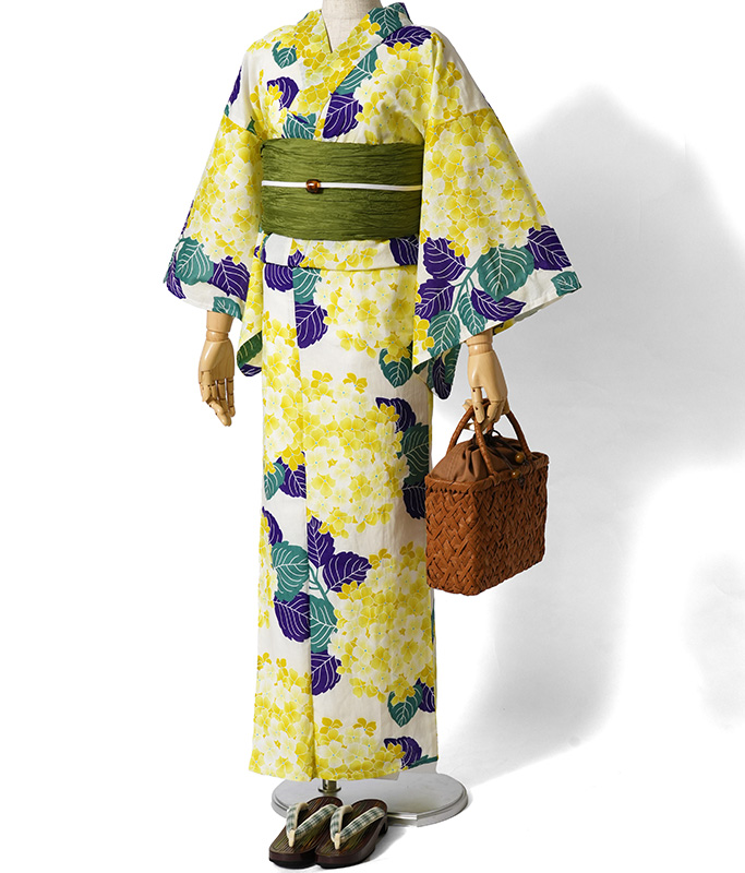 浴衣 綿麻 紫陽花 黄色 クリーム 花柄 レディース かわいい モダン