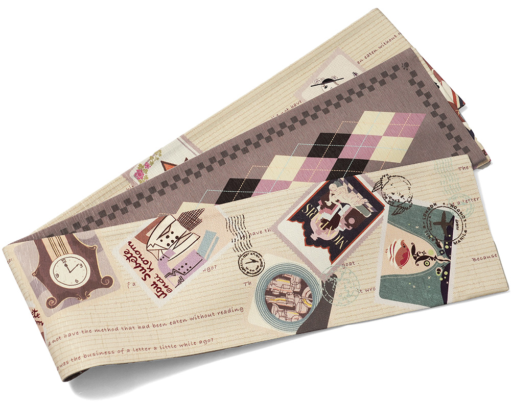 半幅帯 WAKKA 浪漫便り ベージュ クリーム 切手風 猫 アーガイル