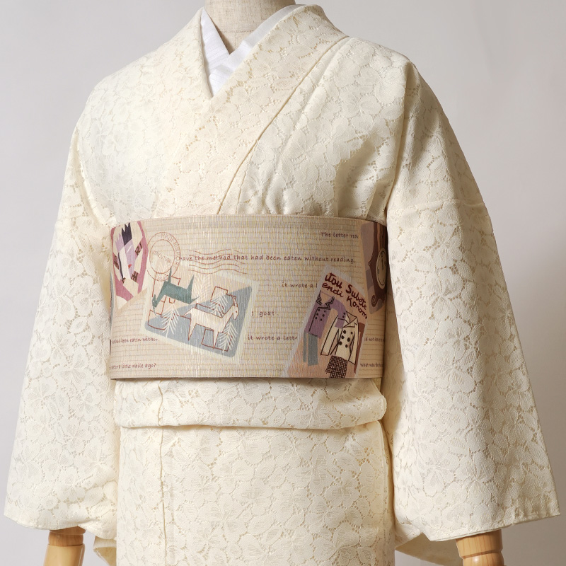 半幅帯 WAKKA 浪漫便り ベージュ クリーム 切手風 猫 アーガイル