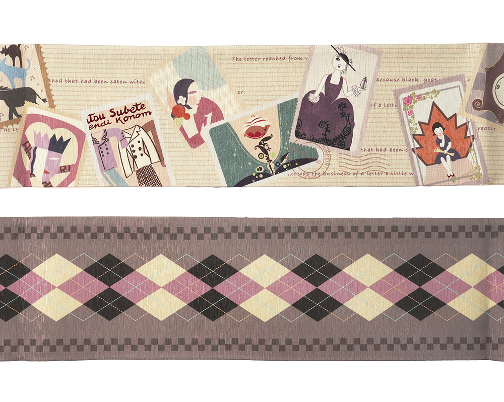 半幅帯 WAKKA 浪漫便り ベージュ クリーム 切手風 猫 アーガイル