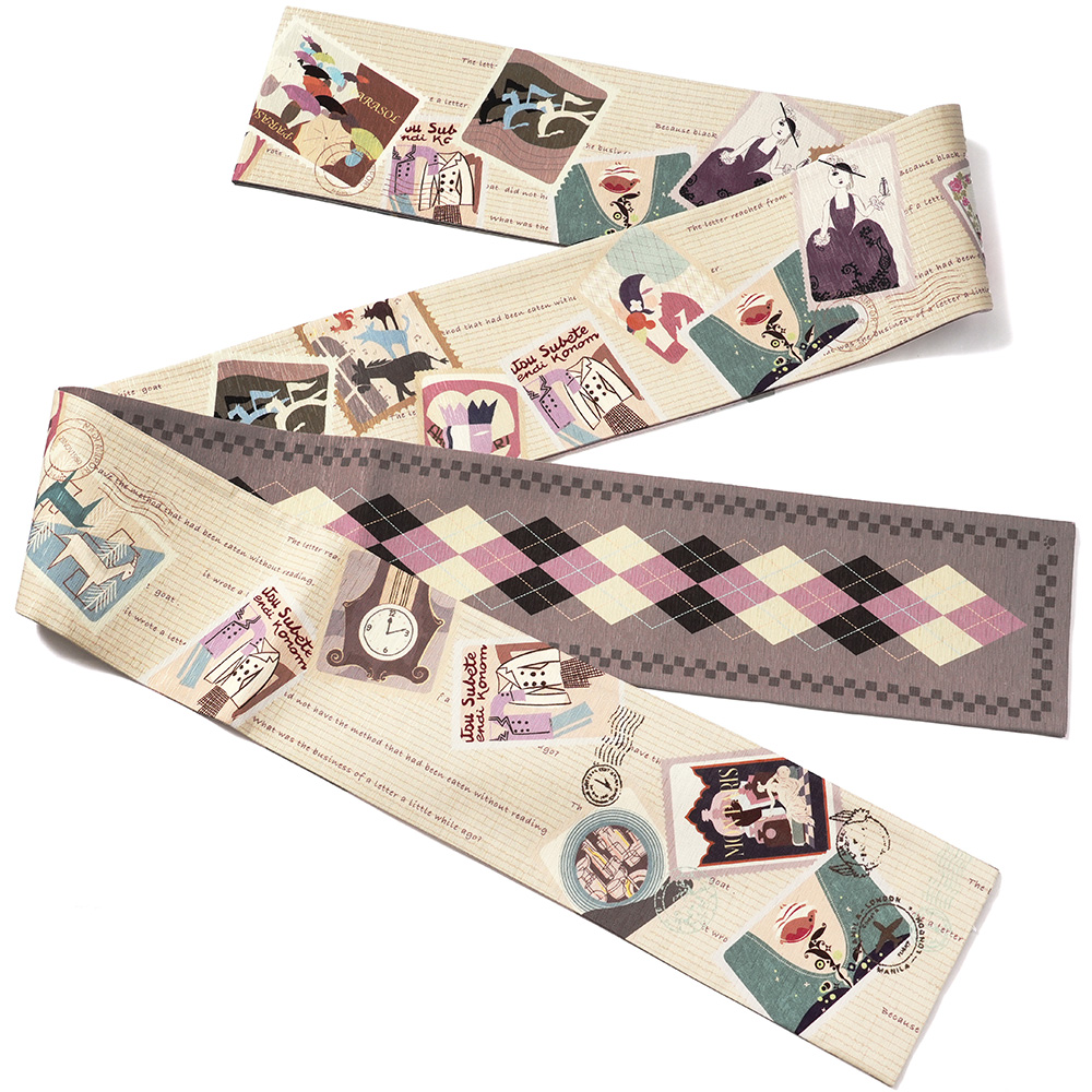 半幅帯 WAKKA 浪漫便り ベージュ クリーム 切手風 猫 アーガイル