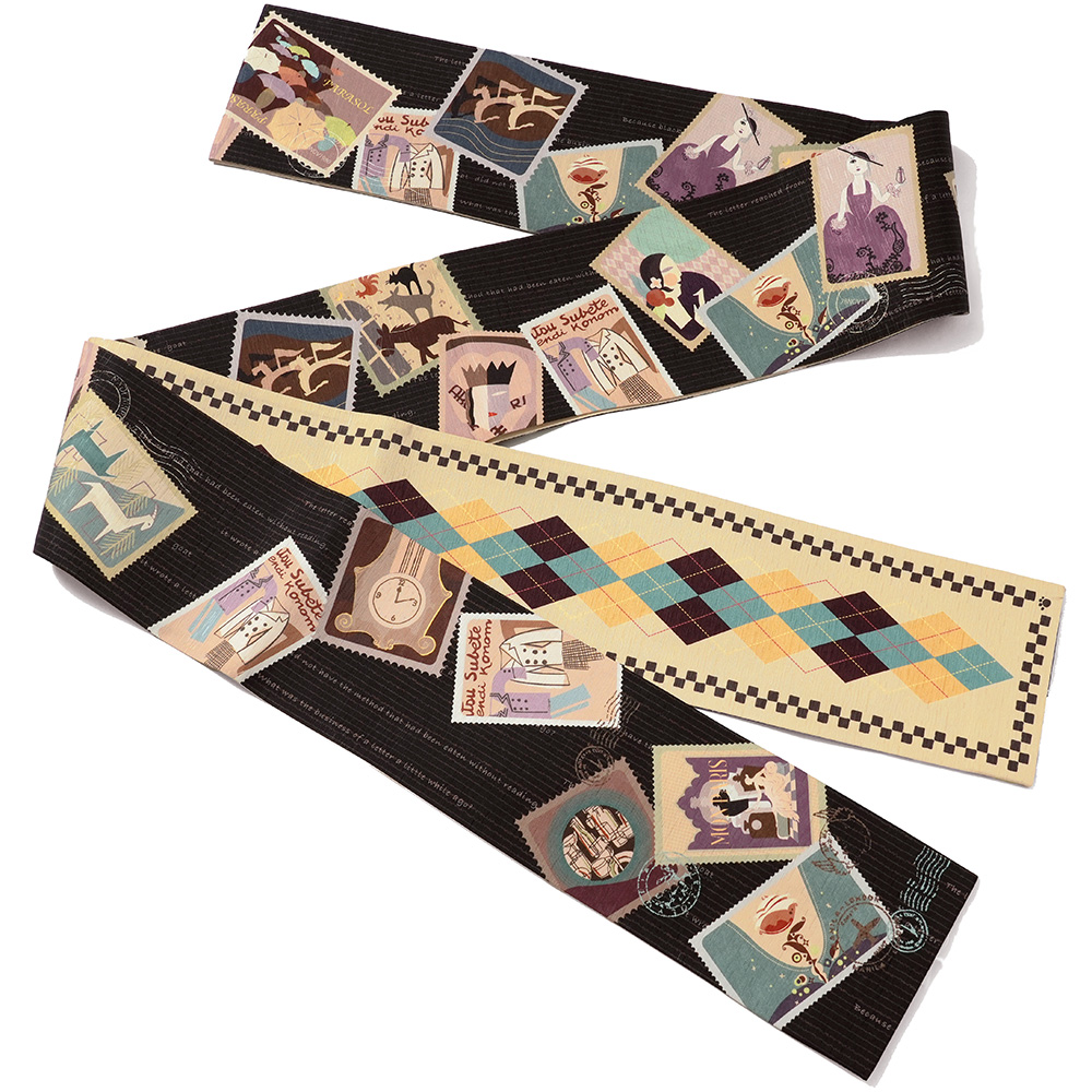 半幅帯 WAKKA 浪漫便り 黒 ダークブラウン ベージュ クリーム 切手風