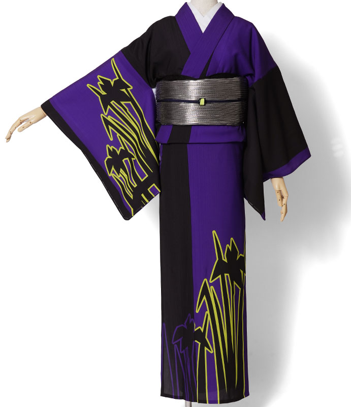 単衣着物 JUNKO KOSHINO セオアルファ 琳 菖蒲 花 黒 紫 黄色 蛍光色