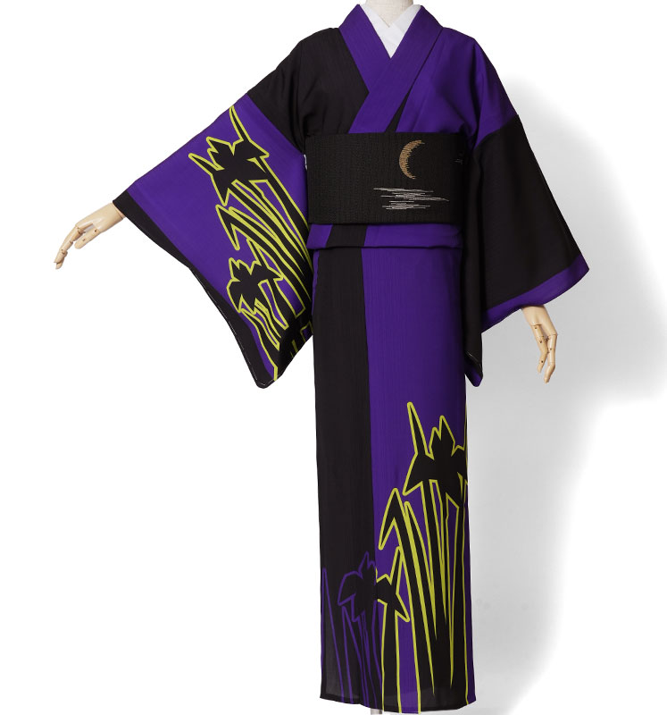 単衣着物 JUNKO KOSHINO セオアルファ 琳 菖蒲 花 黒 紫 黄色 蛍光色
