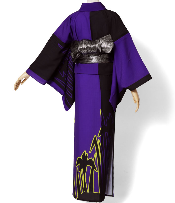 単衣着物 JUNKO KOSHINO セオアルファ 琳 菖蒲 花 黒 紫 黄色 蛍光色