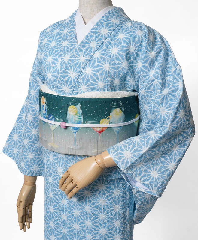 単衣着物 エンブロイダリーレース 麻の葉 ドット 水色 刺繍 レトロ