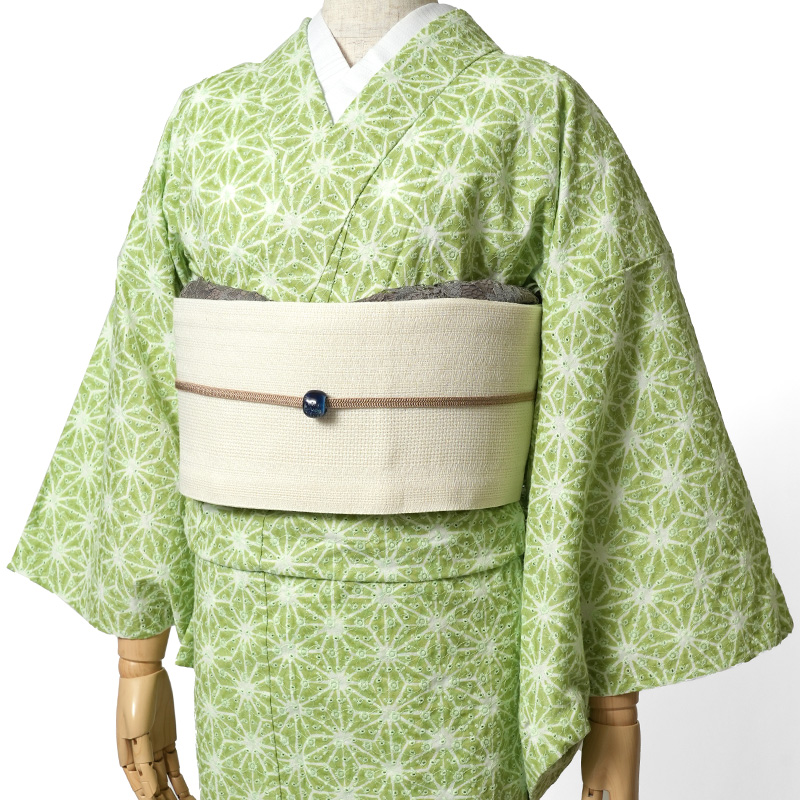 洗える着物　単衣 麻の葉 帯セット ポリエステル た46 単衣着物 エンブロイダリーレース 麻の葉 黄緑 刺繍 レトロ モダン 単