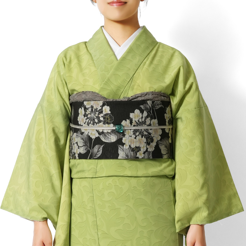 グリーン 着物スタイル少し大きめ100チャック式 着物 シルック 黄緑 唐草 JAPAN MODE 袷 アラベスク シック モダン