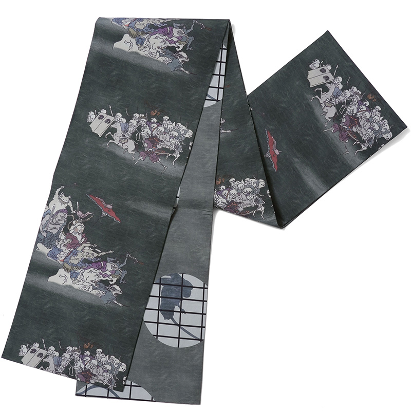 撫松庵 京袋帯 百鬼夜行 妖怪 ろくろ首 黒 ダークグレー リバーシブル