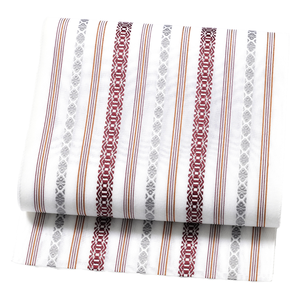 八寸名古屋帯 紗 献上 白 黒 赤茶 グレー 縞 シック シンプル 夏着物