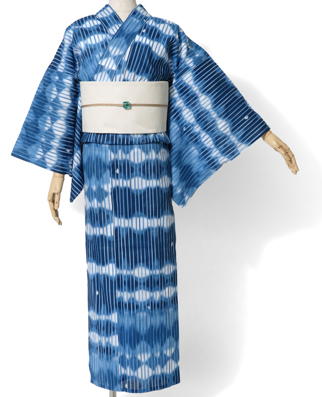 浴衣 美術サロン 藍捺染 藍滝 幾何学 藍 紺 白 知多木綿 レディース