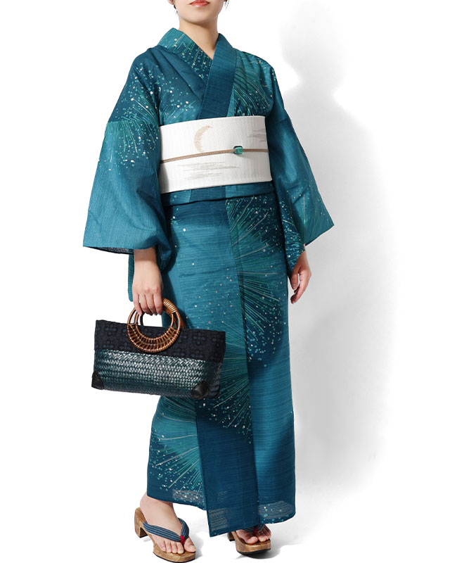 浴衣 美術サロン 綿絽 煌めき ターコイズ 青緑 レディース 細密染め