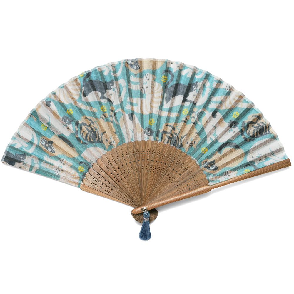 扇子 猫 花柄 桜 菊 黄色 青 水色 カラフル タッセル モダン 柄画 和