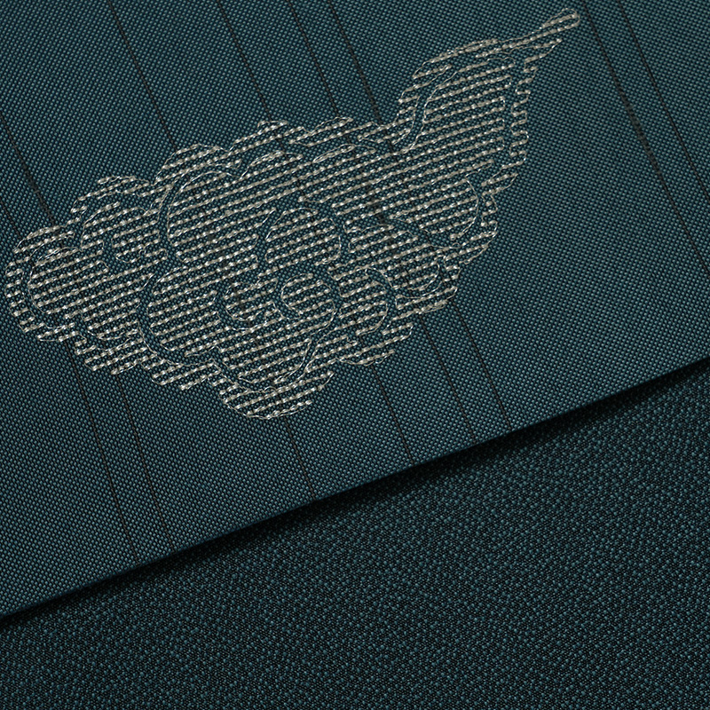 撫松庵 半幅帯 瑞雲刺繍 ターコイズ 青緑 金糸 銀糸 縁起物 吉祥文様