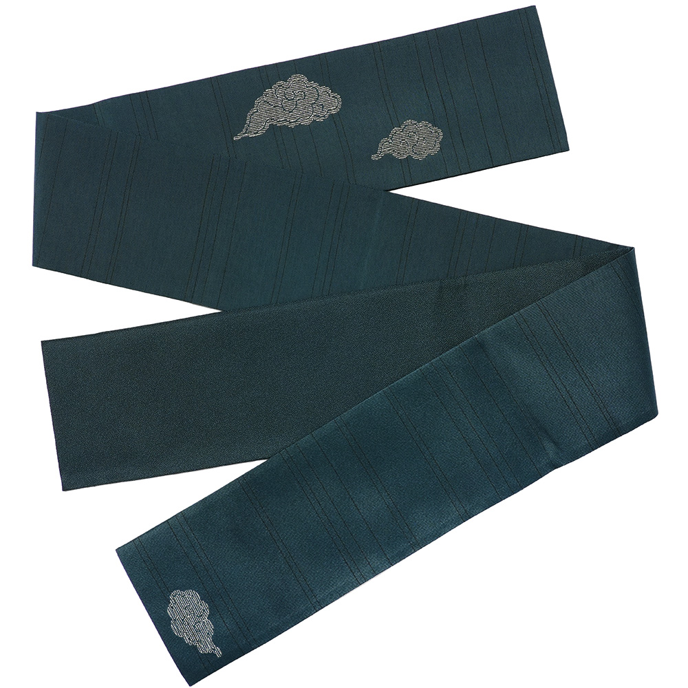 撫松庵 半幅帯 瑞雲刺繍 ターコイズ 青緑 金糸 銀糸 縁起物 吉祥文様