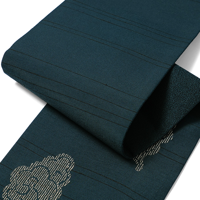 撫松庵 半幅帯 瑞雲刺繍 ターコイズ 青緑 金糸 銀糸 縁起物 吉祥文様