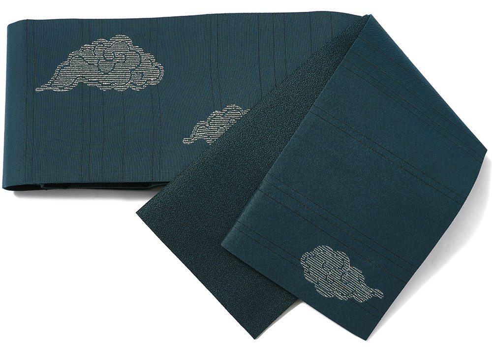 撫松庵 半幅帯 瑞雲刺繍 ターコイズ 青緑 金糸 銀糸 縁起物 吉祥文様