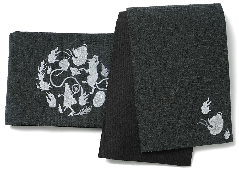 撫松庵 半幅帯 妖怪円陣刺繍 グレー 黒 オバケ ワンポイント シンプル