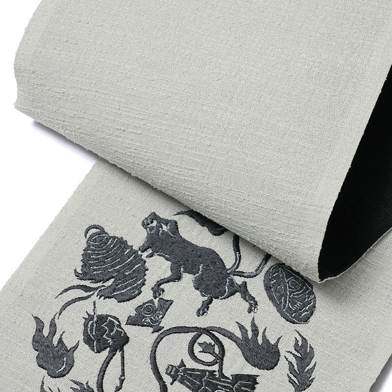 撫松庵　金魚刺繍 半幅帯 撫松庵 半幅帯 妖怪円陣刺繍 グレー 黒 オバケ ワンポイント シンプル