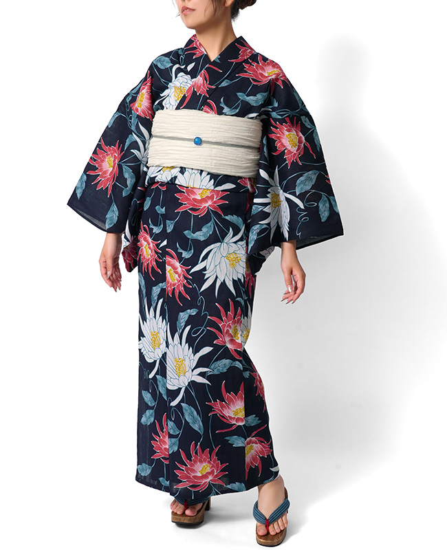 浴衣 手捺染 月下美人 紺地 赤 綿 陽炎 花 レディース 仕立上がり 清涼