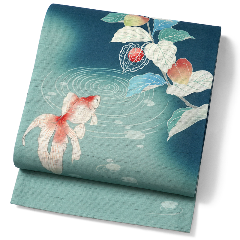 夏帯 麻 袋帯 お太鼓柄 手描き 流水 メダカ 草木染 美品 イ5755 夏帯 麻 袋帯 お太鼓柄 手描き 流水 メダカ 草木染 美品 イ5755