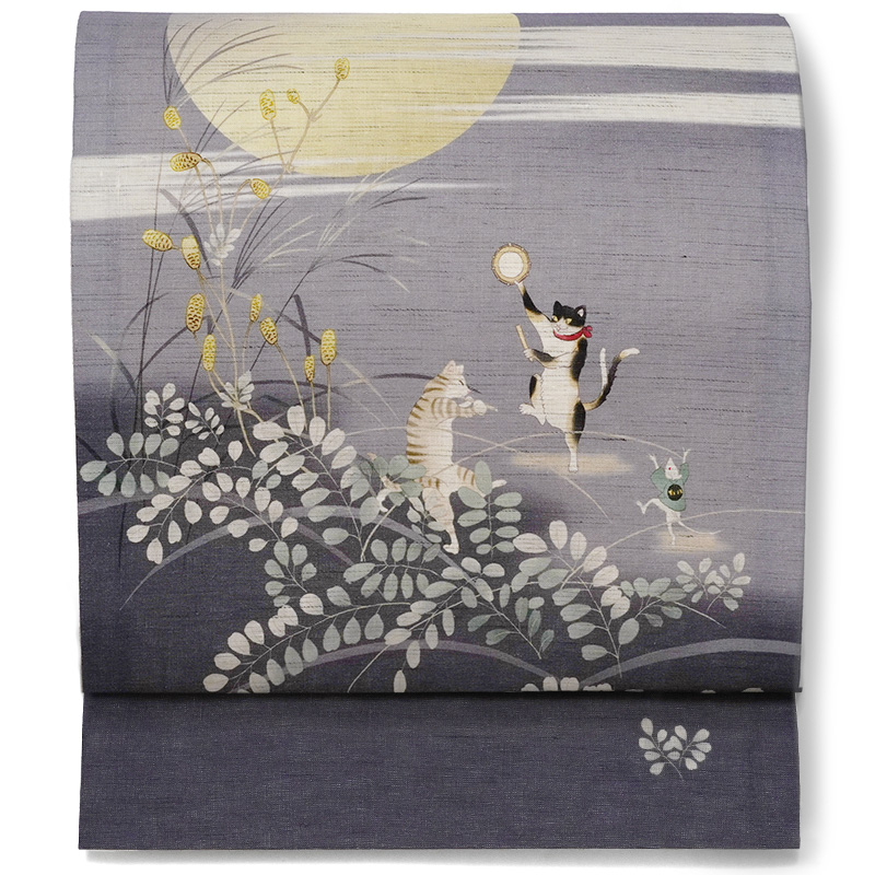 京袋帯 WAKKA 麻 月夜猫 猫又 鼠 ススキ 満月 紫 秋 妖怪 アニマル 夏
