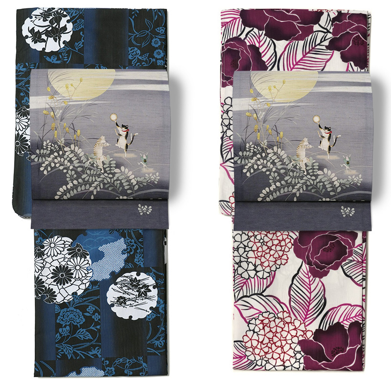 京袋帯 WAKKA 麻 月夜猫 猫又 鼠 ススキ 満月 紫 秋 妖怪 アニマル 夏