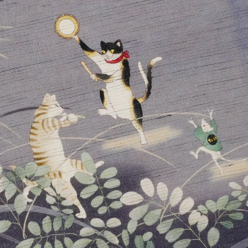 京袋帯 WAKKA 麻 月夜猫 猫又 鼠 ススキ 満月 紫 秋 妖怪 アニマル 夏
