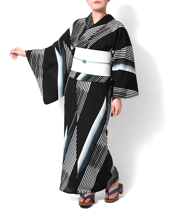 新品 帯 ストライプ 黒 白 和服 ボーダー 縞模様 縞々 着物 和装 浴衣 浴衣 JUNKO KOSHINO セオアルファ 矢羽根 縞 白 黒 モノトーン