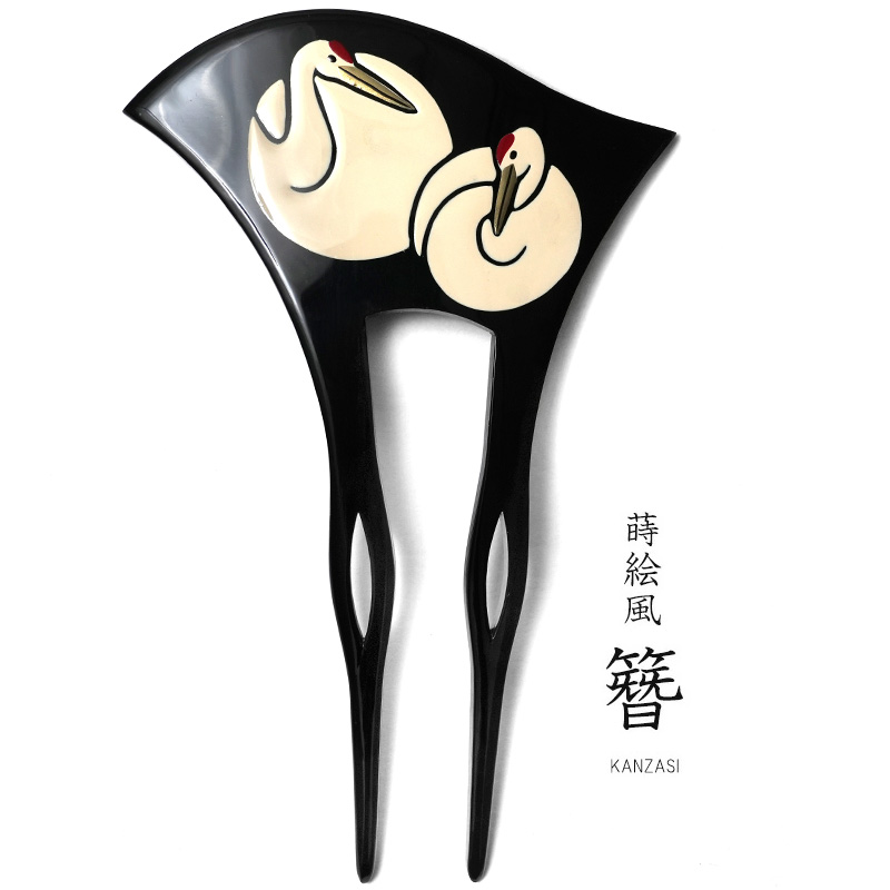 かんざし 鶴 蒔絵風 黒 白 バチ型 フォーマル 結婚式 成人式 髪飾り
