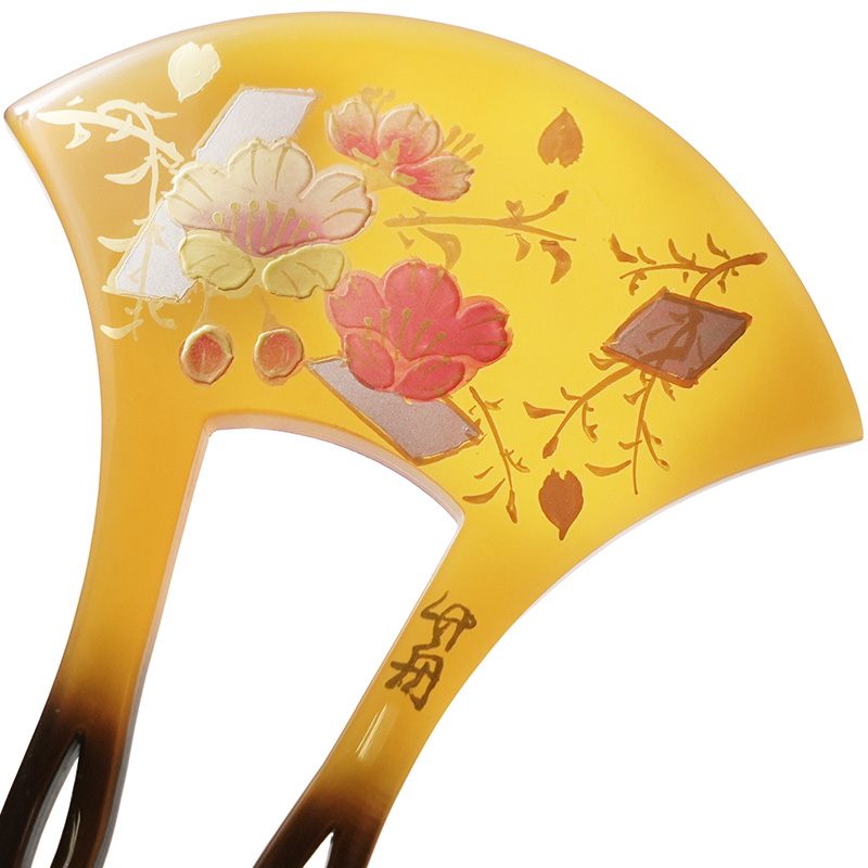 かんざし 桜 さくら 蒔絵風 べっ甲調 黄土 バチ型 フォーマル 髪飾り