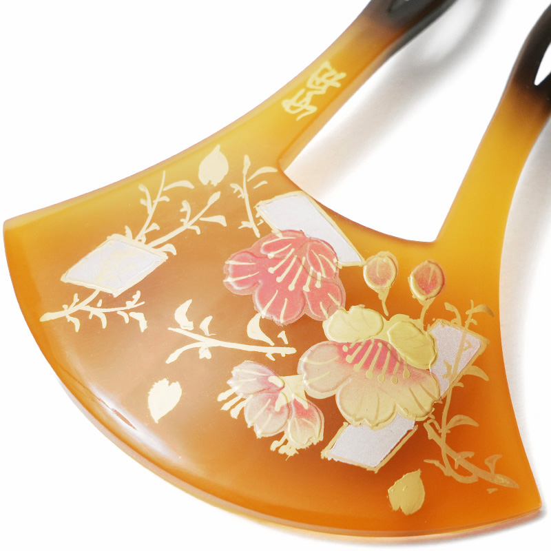 かんざし 桜 さくら 蒔絵風 べっ甲調 黄土 バチ型 フォーマル 髪飾り