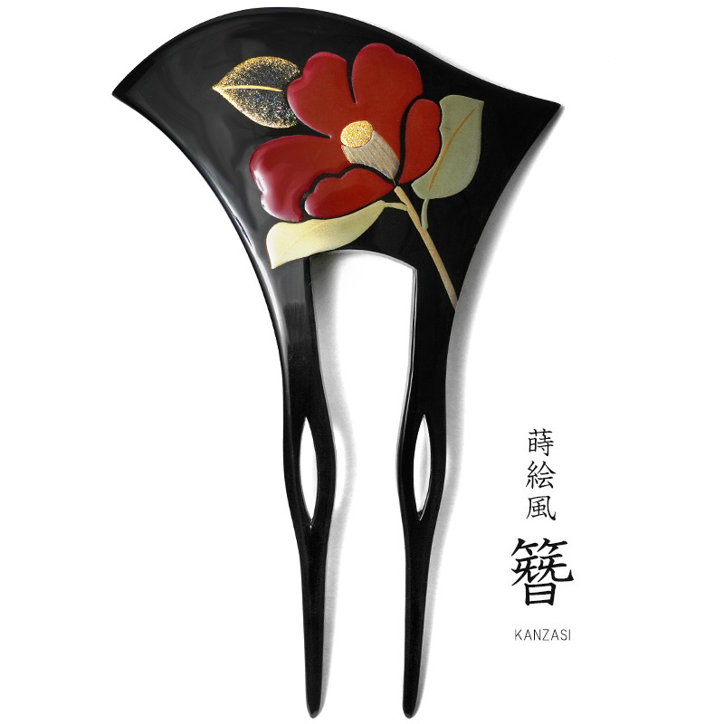 かんざし モダン椿 蒔絵風 黒 赤 バチ型 フォーマル 結婚式 成人式 髪