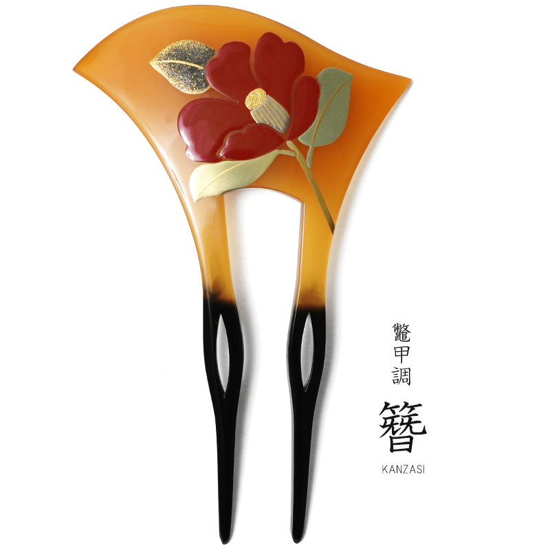 かんざし モダン椿 蒔絵風 べっ甲調 黄土 バチ型 フォーマル 髪飾り