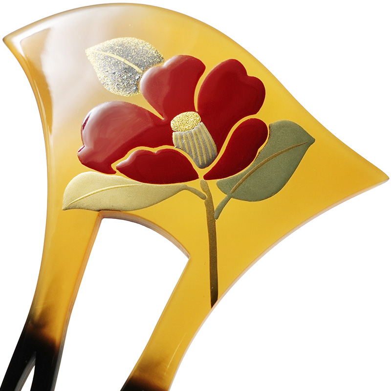 かんざし モダン椿 蒔絵風 べっ甲調 黄土 バチ型 フォーマル 髪飾り