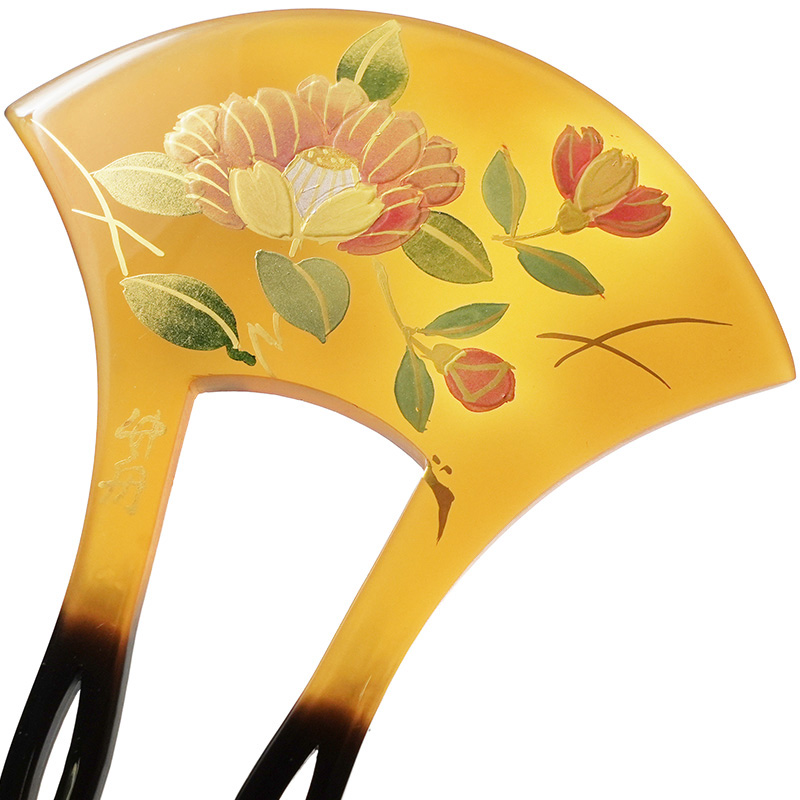 かんざし 椿 蒔絵風 べっ甲調 黄土 バチ型 フォーマル 髪飾り ヘア