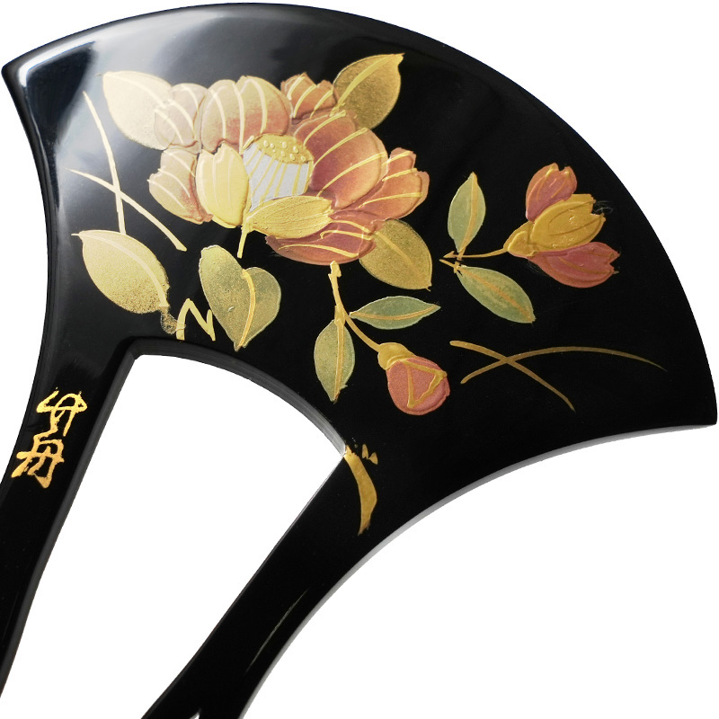 かんざし 椿 蒔絵風 黒 ピンク バチ型 フォーマル 結婚式 成人式 髪