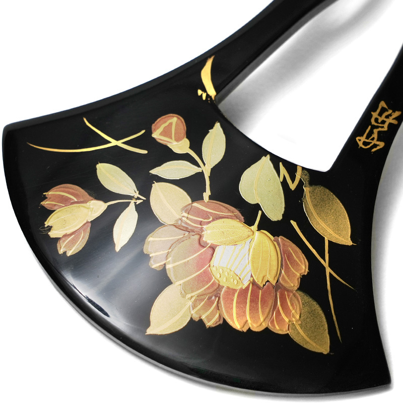 かんざし 椿 蒔絵風 黒 ピンク バチ型 フォーマル 結婚式 成人式 髪