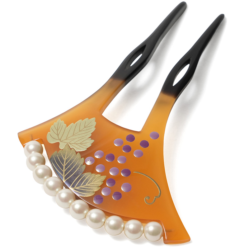 かんざし 葡萄 葉 蒔絵風 べっ甲調 パール 黄土 バチ型 フォーマル 髪