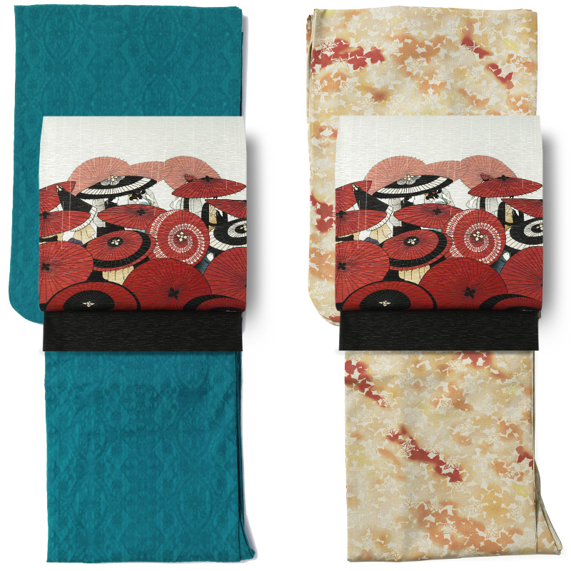 京袋帯 WAKKA 正絹 雨唄 傘 番傘 江戸 雨 グレー 赤 朱色 風流 ロマン