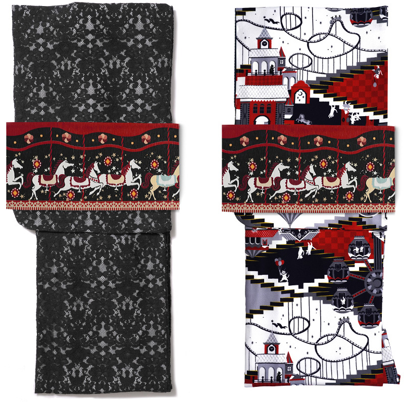 半幅帯 WAKKA 回転木馬 メリーゴーランド 馬 花柄 黒 赤 カラフル