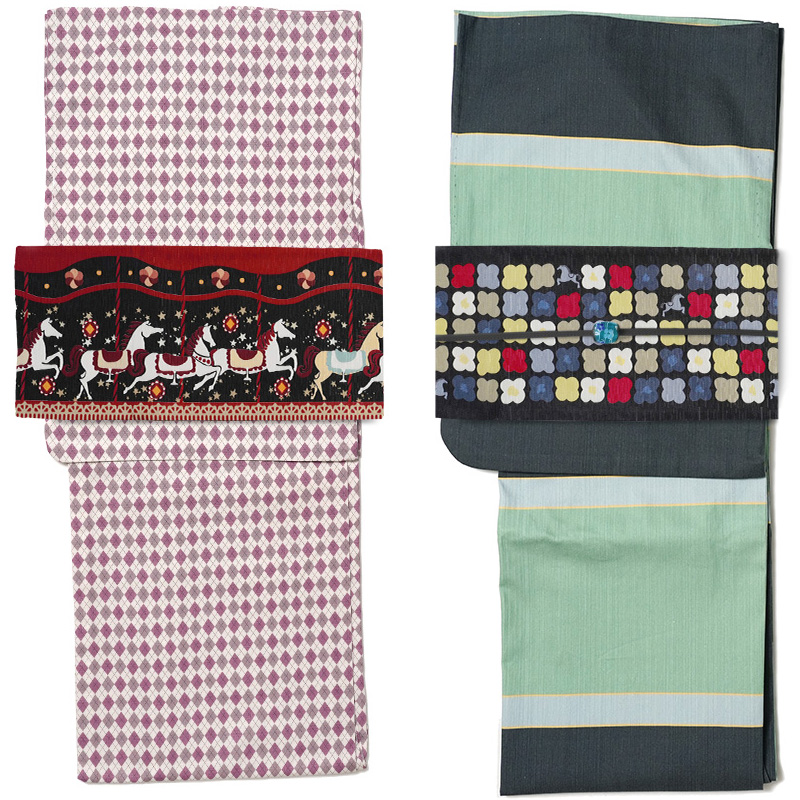 新品未使用【WAKKA】半巾帯　正絹　リバーシブル　日本製　メリーゴーランド　馬 半幅帯 WAKKA 回転木馬 メリーゴーランド 馬 花柄 黒 赤 カラフル