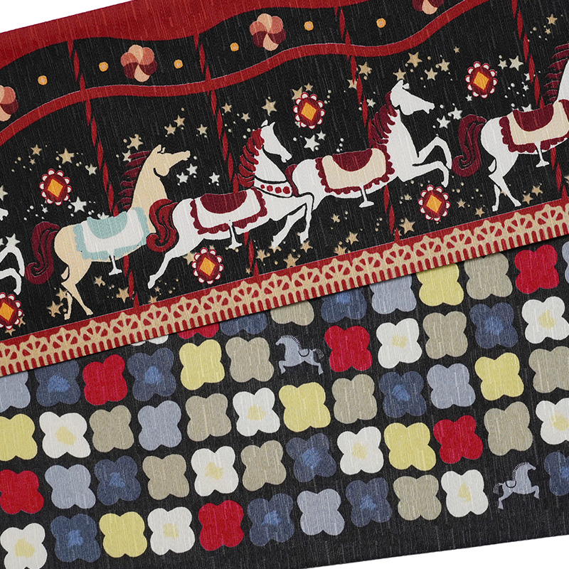 新品未使用【WAKKA】半巾帯　正絹　リバーシブル　日本製　メリーゴーランド　馬 半幅帯 WAKKA 回転木馬 メリーゴーランド 馬 花柄 黒 赤 カラフル