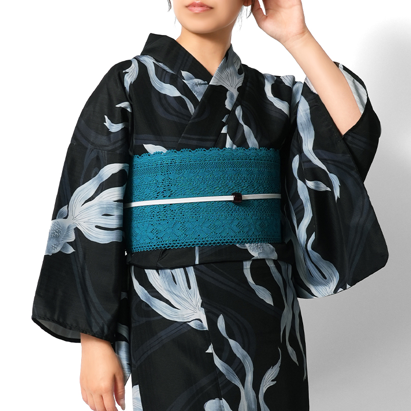 ◇金魚の兵児帯④ ブラック 浴衣 金魚 赤 黒 兵児帯 下駄 セット 浴衣