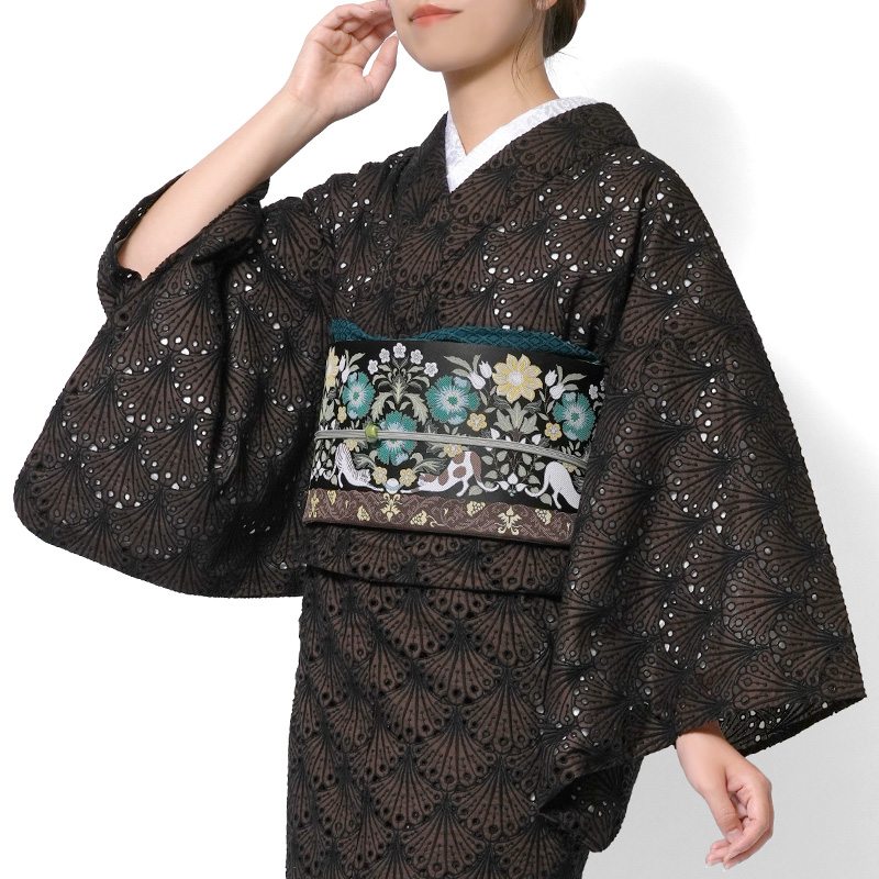 着物 刺繍 レース 扇型 ダークブラウン 単衣 洗える 仕立て上がり 日本