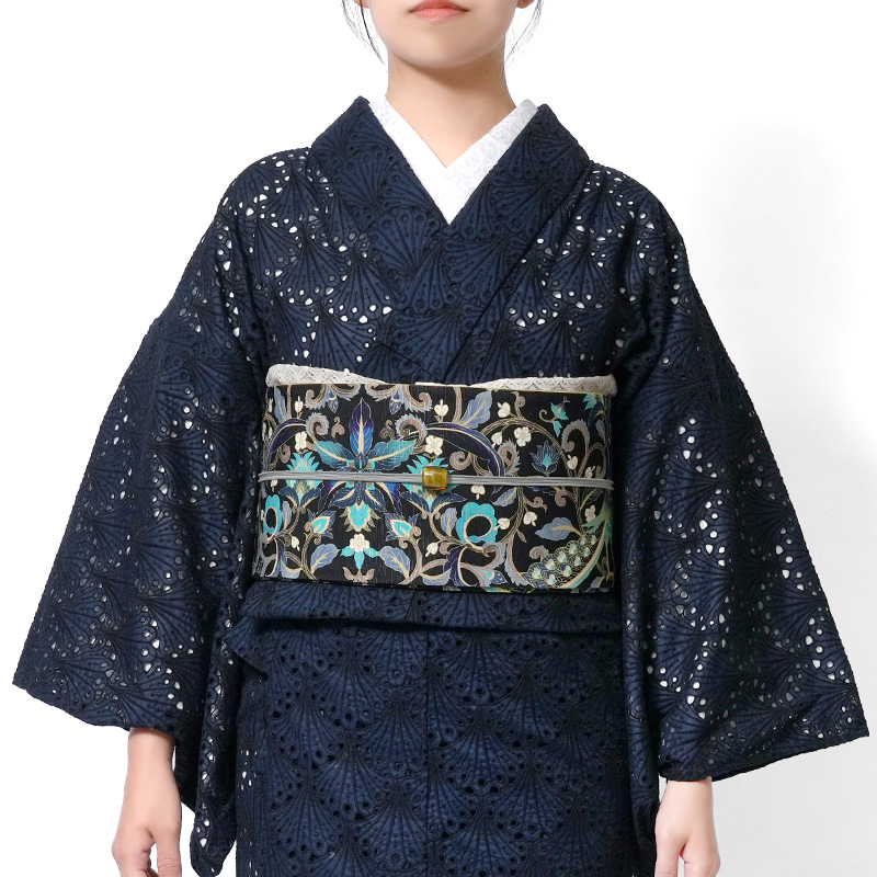 着物 刺繍 レース 扇型 ネイビー 紺 単衣 洗える 仕立て上がり 日本製