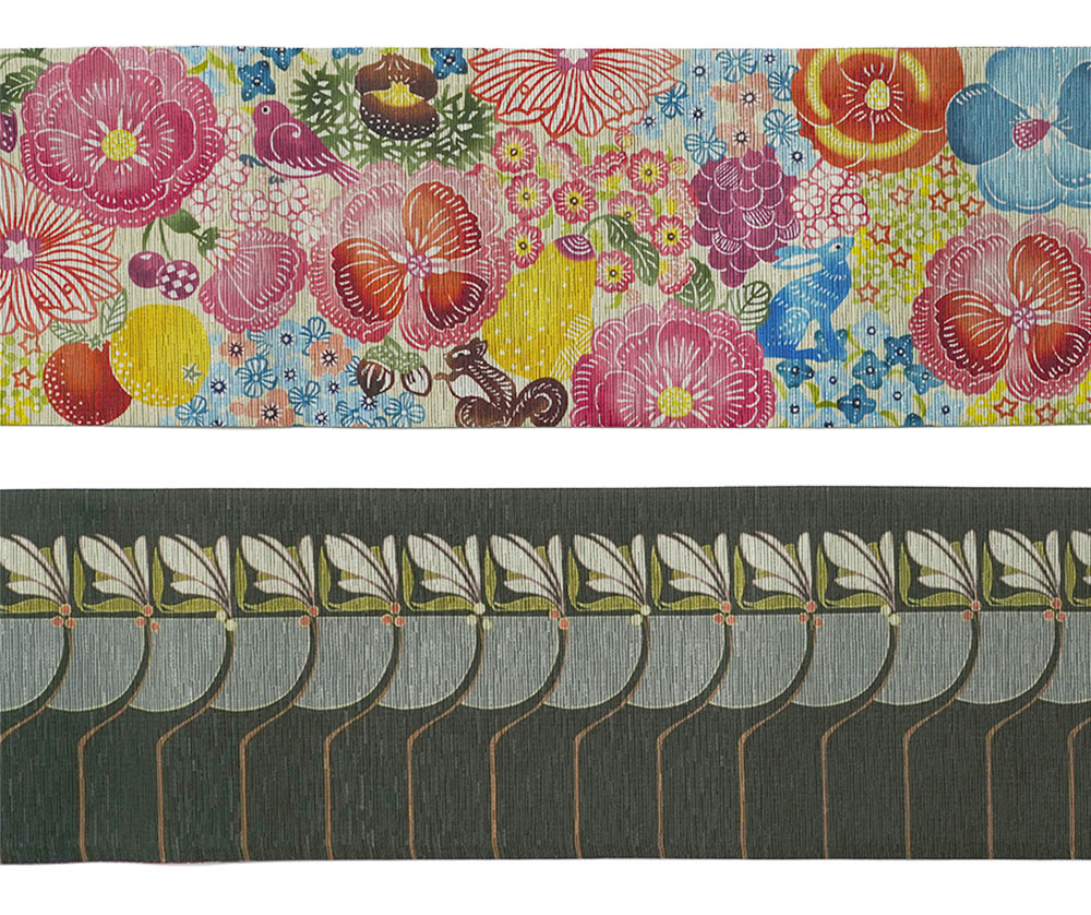 半幅帯 召しませ花 カラフルガーデン ベージュ 花 鳥 紅型風 日本製