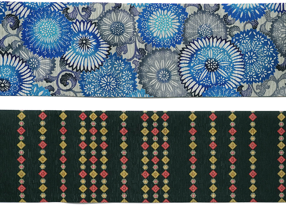 半幅帯 召しませ花 菊音 青 グレー 紅型風 花 グラデーション 伝統文様
